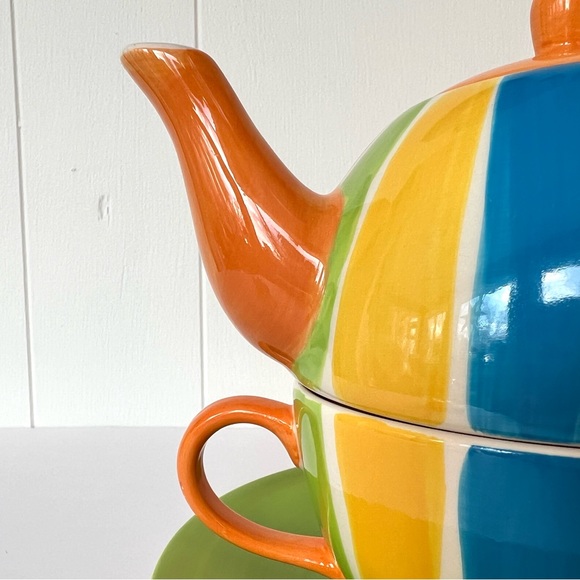 Vintage Hand Painted Cabana Stripes Tea For One Set Canhome Thailand - Picture 15 of 15